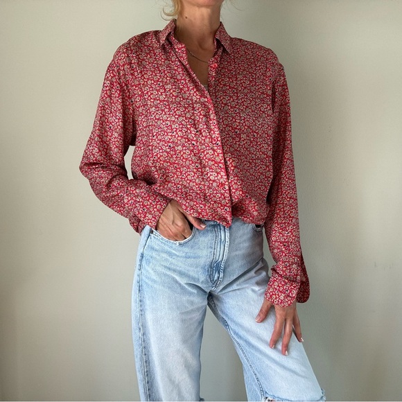 Bhagkem 100% Silk Red Floral Button Down Shirt Women’s Size M - Picture 10 of 11